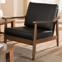 Baxton Studio Venza-Black/Walnut Brown-CC Venza Mid-Century Modern Walnut Wood Black Faux Leather Lounge Chair